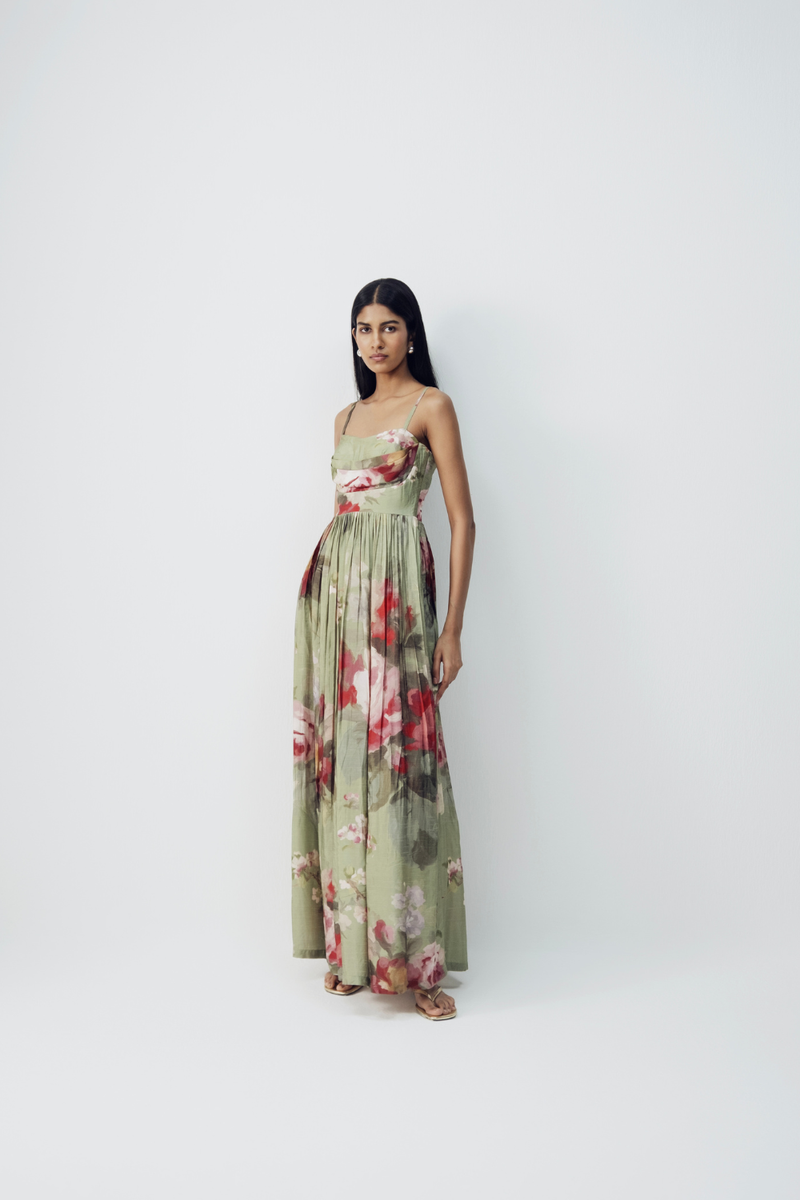 Roos Long Dress silk by YAM in green color for women in Singapore