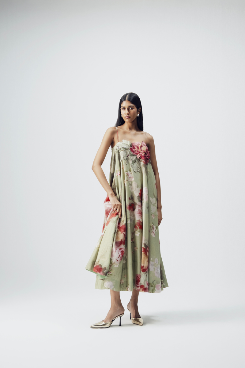 Roos Patchwork Dress satin by YAM in green color for women in Singapore