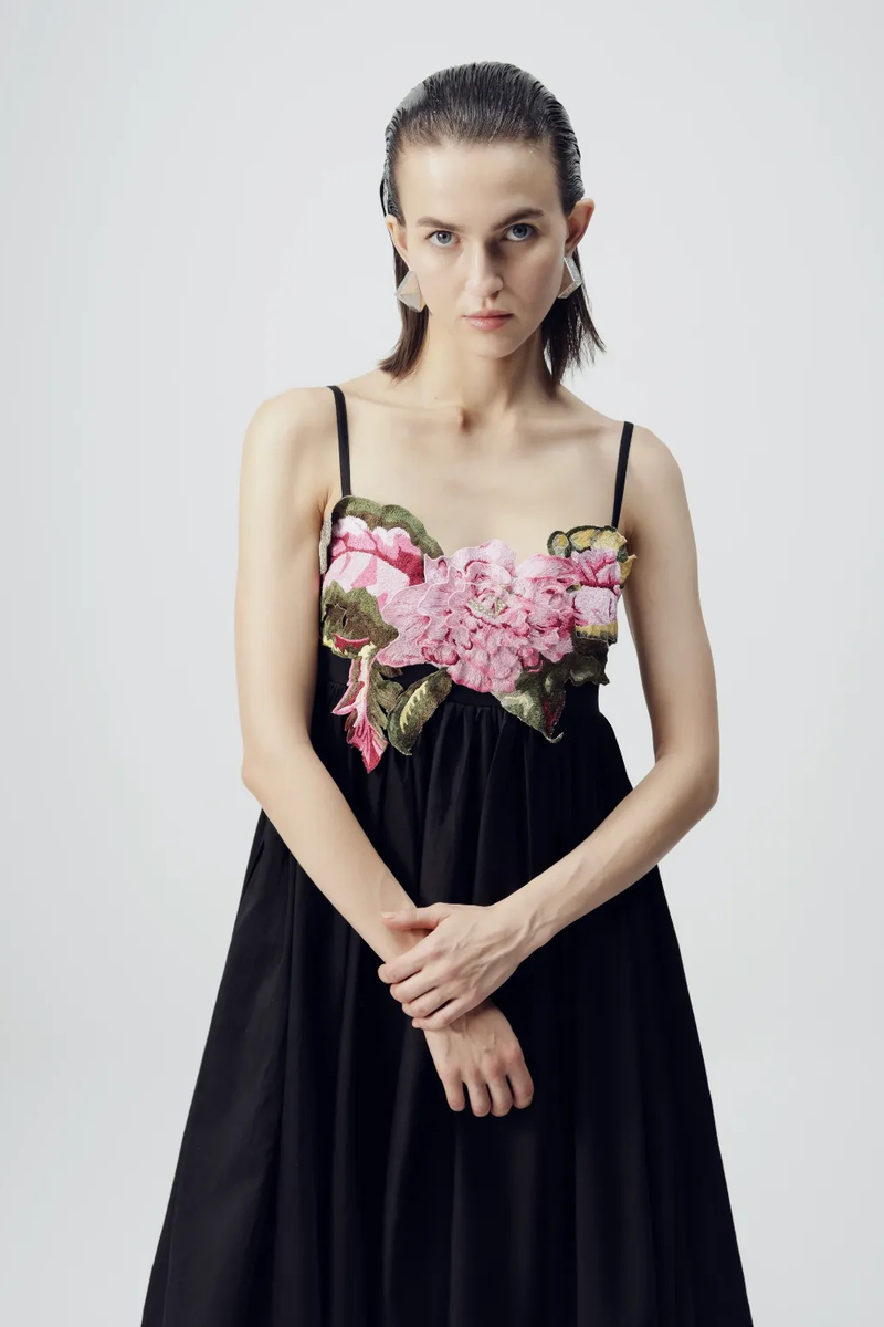 Black Patchwork Dress satin by YAM in black color for women in Singapore