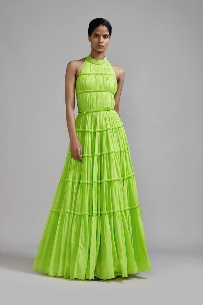 Neon Green Backless Tiered Gown cotton by Mati in green color for women in Singapore