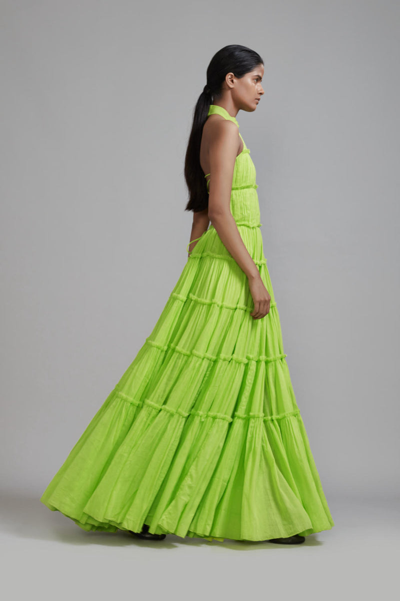 Neon Green Backless Tiered Gown cotton by Mati in green color for women in Singapore