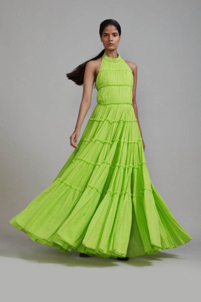 Neon Green Backless Tiered Gown cotton by Mati in green color for women in Singapore