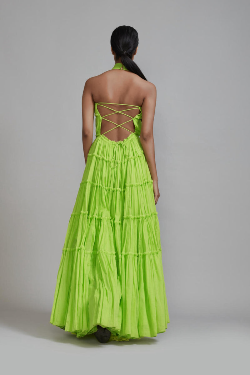 Neon Green Backless Tiered Gown cotton by Mati in green color for women in Singapore