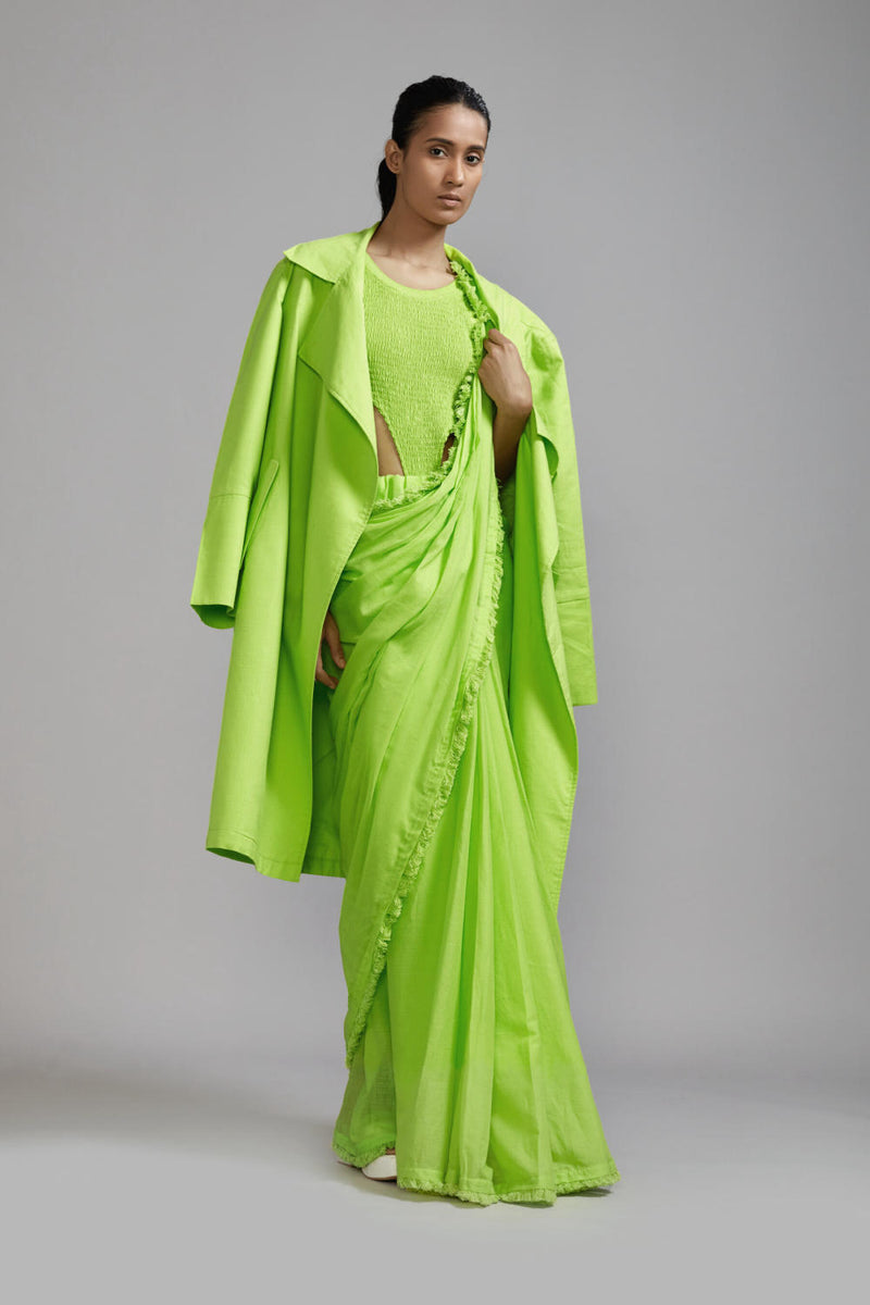 Neon Green Fringed Saree cotton Saree by Mati in green color for women in Singapore