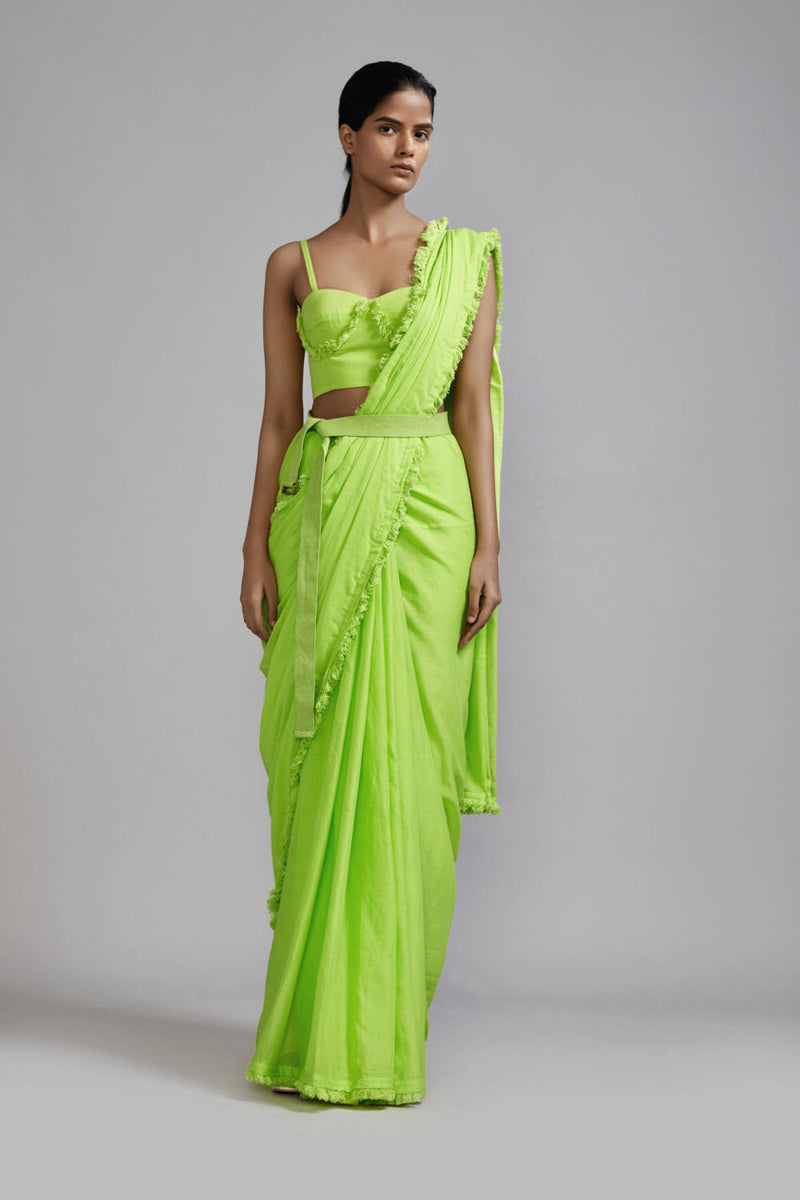 Neon Green Fringed Saree cotton Saree by Mati in green color for women in Singapore