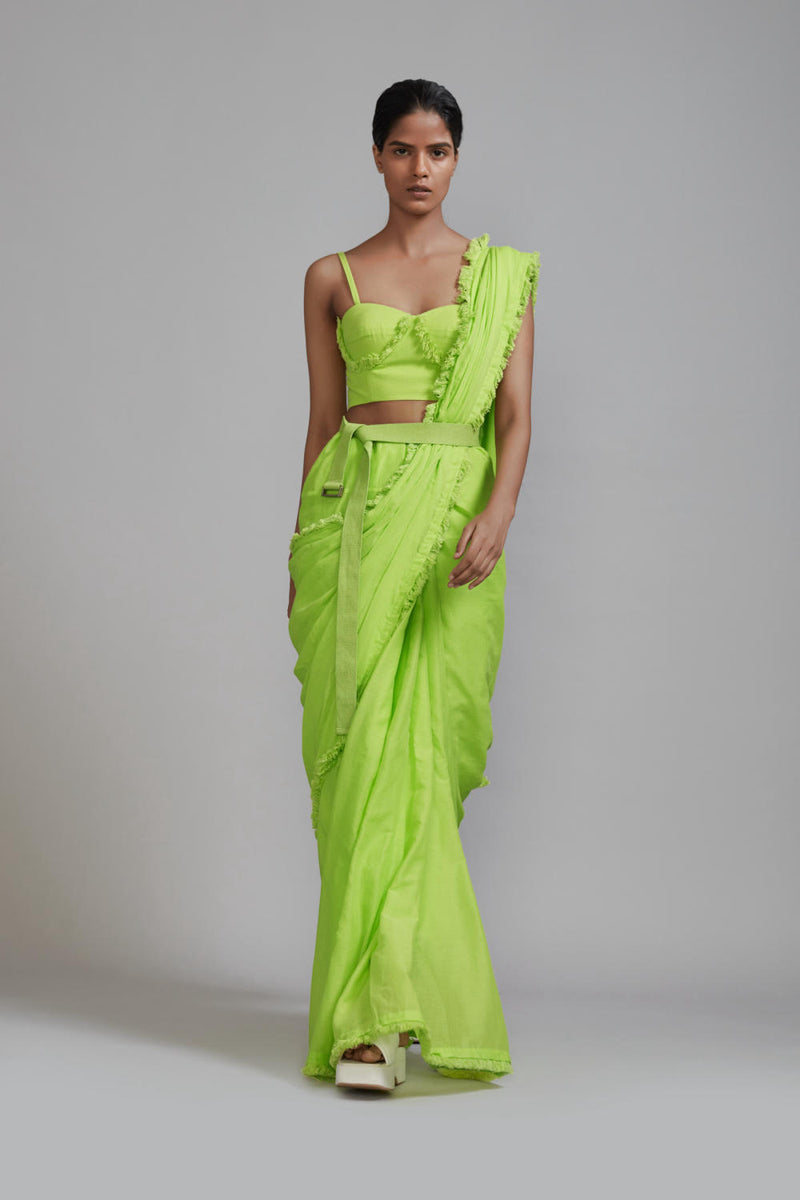Neon Green Fringed Saree cotton Saree by Mati in green color for women in Singapore