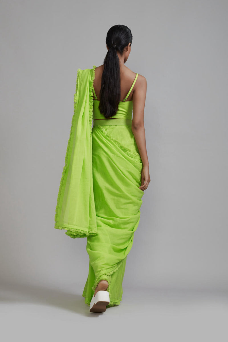 Neon Green Fringed Saree cotton Saree by Mati in green color for women in Singapore