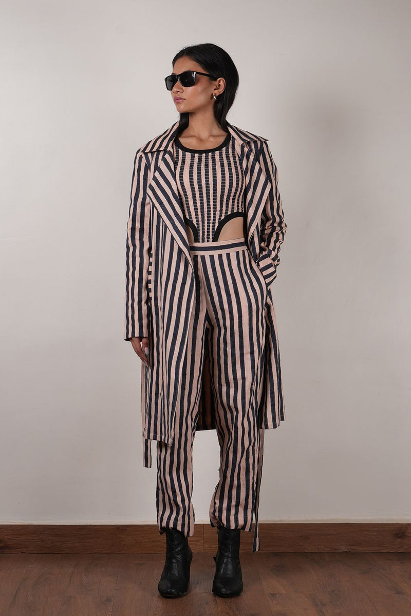 Pink with Charcoal Block Printed Trench Jacket cotton by Mati in pink color for women in Singapore