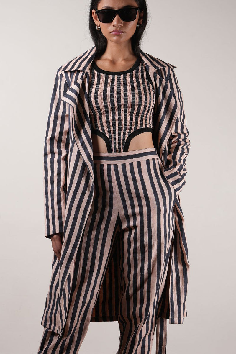 Pink with Charcoal Block Printed Trench Jacket cotton by Mati in pink color for women in Singapore