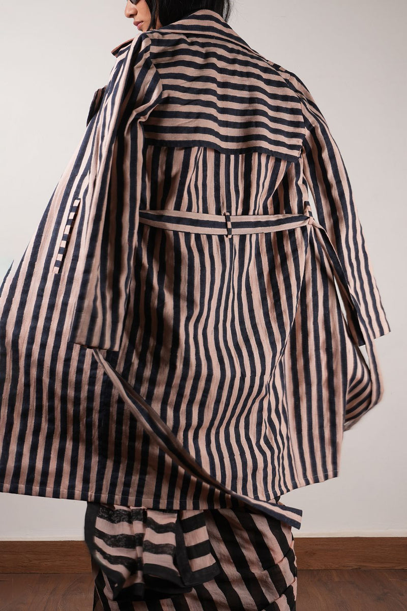 Pink with Charcoal Block Printed Trench Jacket cotton by Mati in pink color for women in Singapore