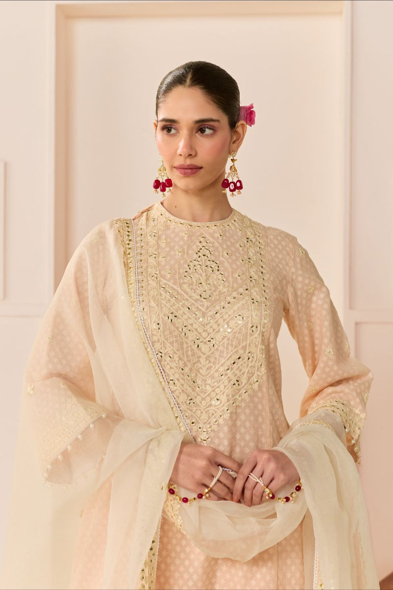 NIDA - CARNATION PINK SHORT CHOGA WITH FARSHI SALWAR chanderi silk kurta/kurta set by SHEETAL BATRA in carnation pink with daisy ivory for women in Singapore