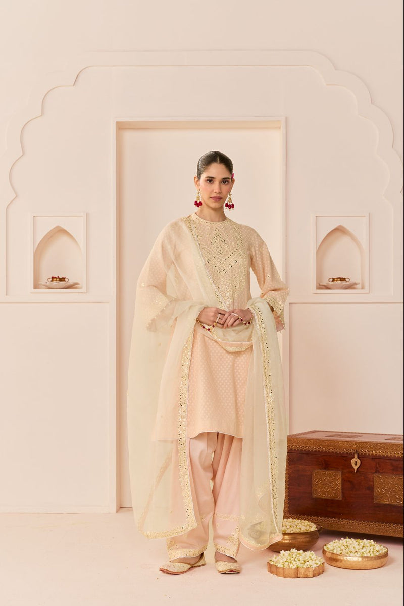 NIDA - CARNATION PINK SHORT CHOGA WITH FARSHI SALWAR chanderi silk kurta/kurta set by SHEETAL BATRA in carnation pink with daisy ivory for women in Singapore
