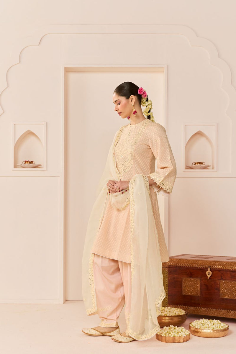 NIDA - CARNATION PINK SHORT CHOGA WITH FARSHI SALWAR chanderi silk kurta/kurta set by SHEETAL BATRA in carnation pink with daisy ivory for women in Singapore