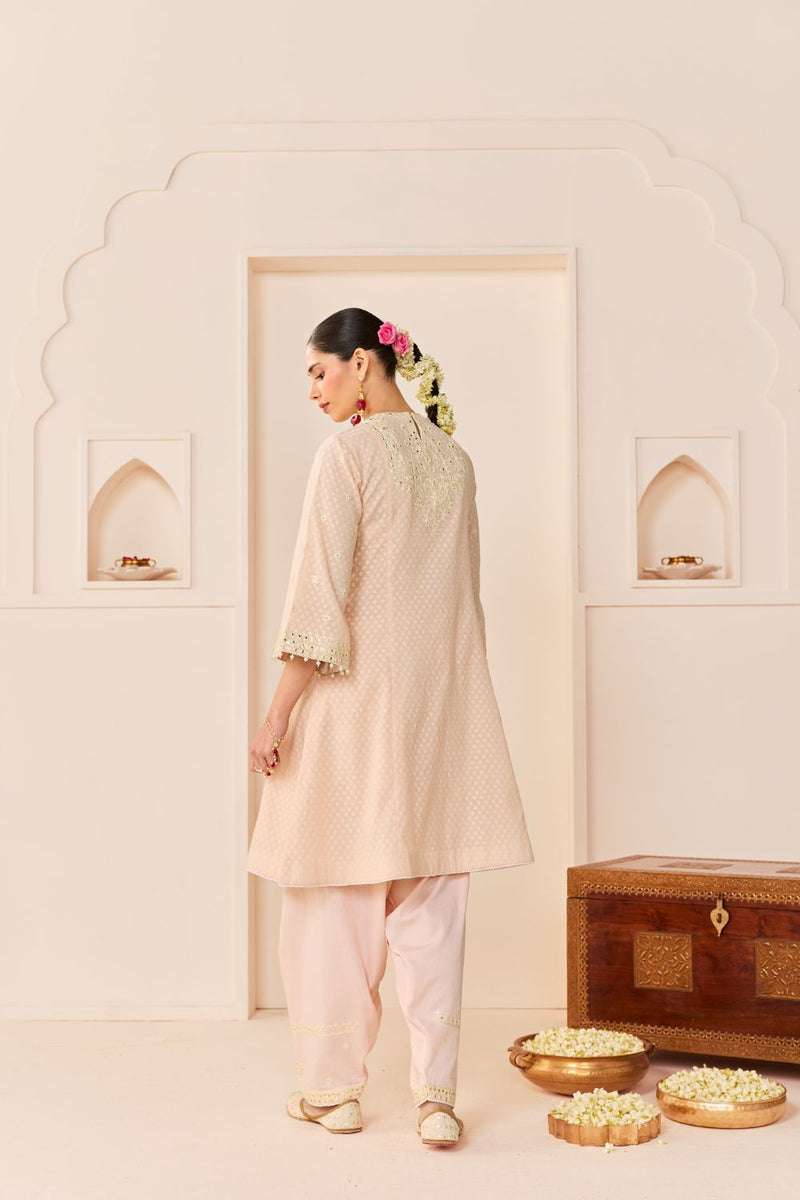 NIDA - CARNATION PINK SHORT CHOGA WITH FARSHI SALWAR chanderi silk kurta/kurta set by SHEETAL BATRA in carnation pink with daisy ivory for women in Singapore