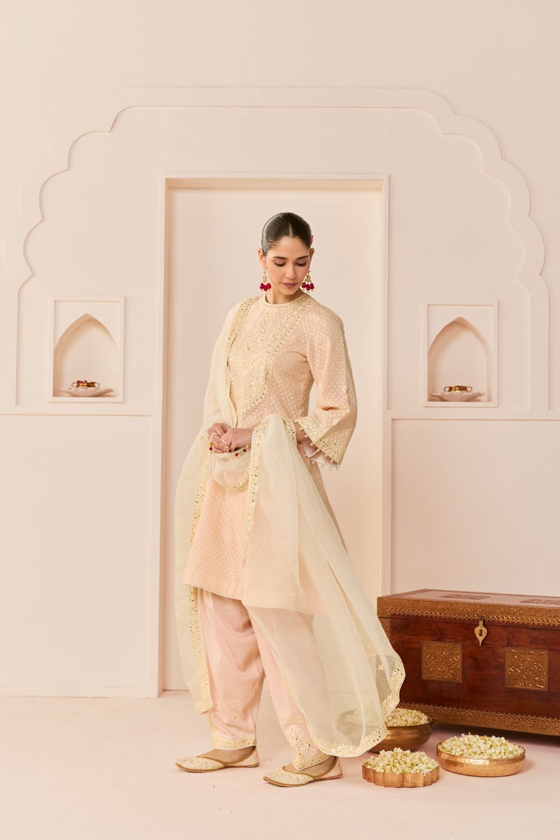 NIDA - CARNATION PINK SHORT CHOGA WITH FARSHI SALWAR chanderi silk kurta/kurta set by SHEETAL BATRA in carnation pink with daisy ivory for women in Singapore