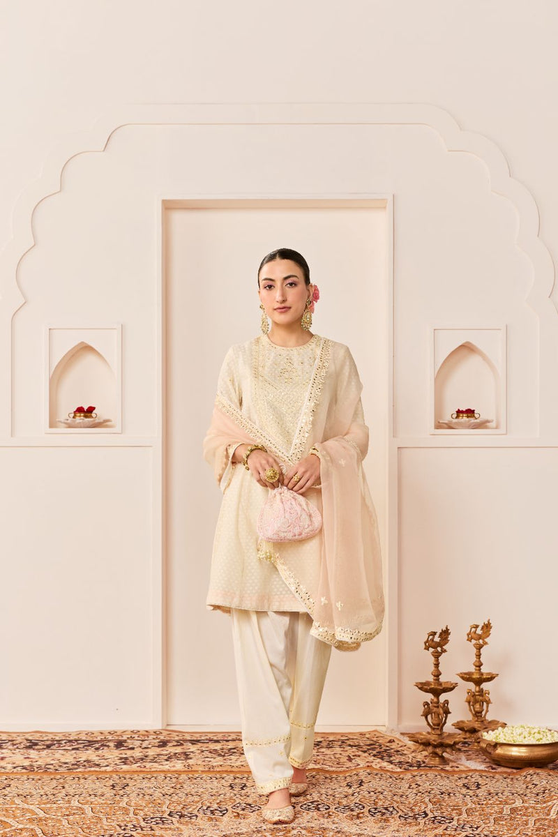 NIDA - DAISY IVORY SHORT CHOGA WITH FARSHI SALWAR chanderi silk kurta/kurta set by SHEETAL BATRA in daisy ivory with carnation pink for women in Singapore