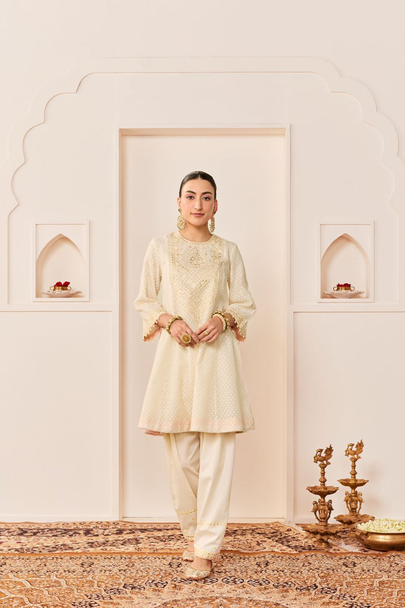 NIDA - DAISY IVORY SHORT CHOGA WITH FARSHI SALWAR chanderi silk kurta/kurta set by SHEETAL BATRA in daisy ivory with carnation pink for women in Singapore
