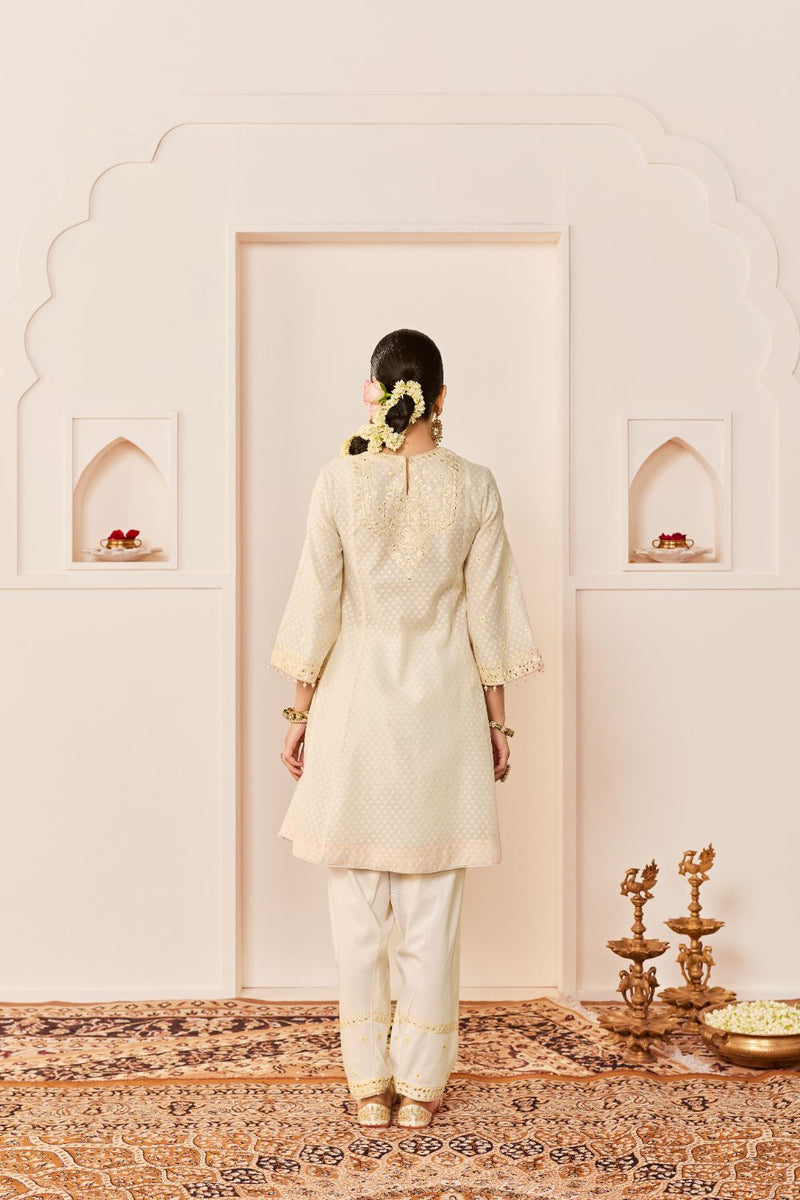 NIDA - DAISY IVORY SHORT CHOGA WITH FARSHI SALWAR chanderi silk kurta/kurta set by SHEETAL BATRA in daisy ivory with carnation pink for women in Singapore