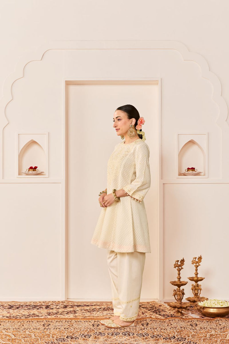 NIDA - DAISY IVORY SHORT CHOGA WITH FARSHI SALWAR chanderi silk kurta/kurta set by SHEETAL BATRA in daisy ivory with carnation pink for women in Singapore