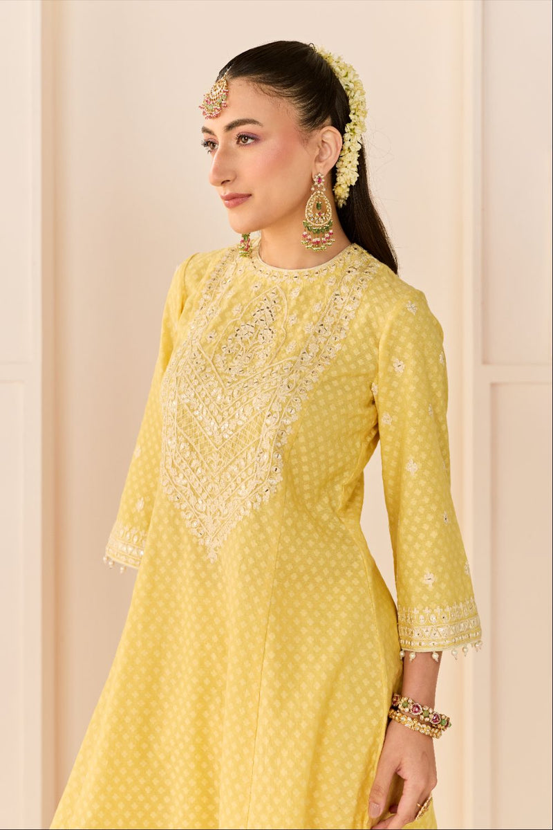 NIDA - LEMON YELLOW SHORT CHOGA WITH FARSHI SALWAR chanderi silk kurta/kurta set by SHEETAL BATRA in lemon yellow with mint green for women in Singapore