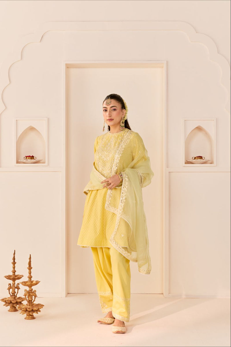 NIDA - LEMON YELLOW SHORT CHOGA WITH FARSHI SALWAR chanderi silk kurta/kurta set by SHEETAL BATRA in lemon yellow with mint green for women in Singapore