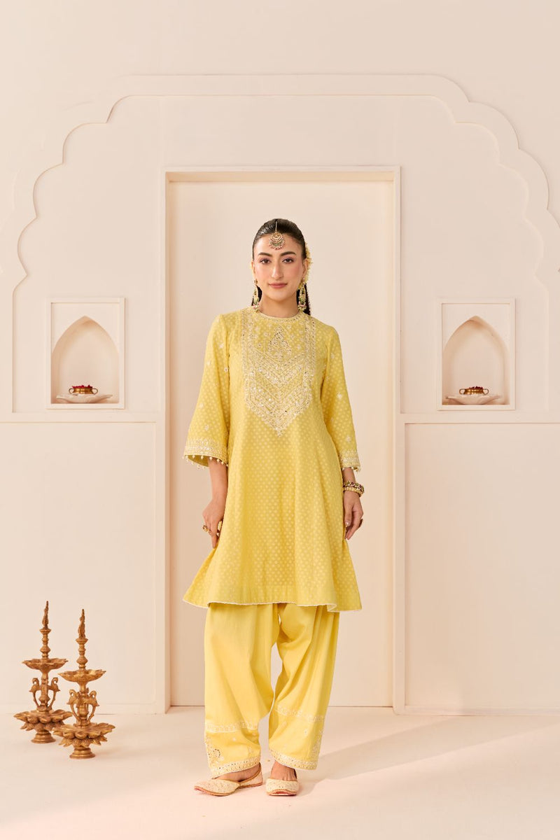NIDA - LEMON YELLOW SHORT CHOGA WITH FARSHI SALWAR chanderi silk kurta/kurta set by SHEETAL BATRA in lemon yellow with mint green for women in Singapore