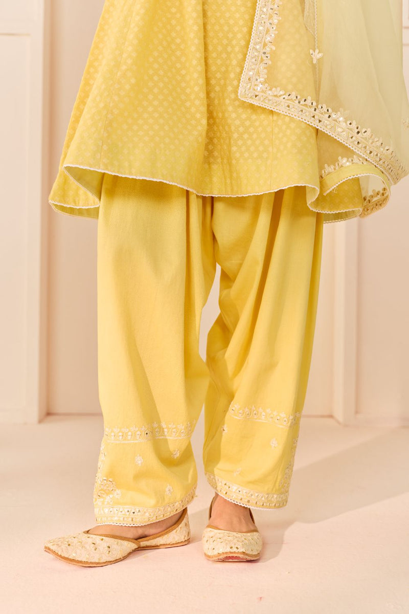 NIDA - LEMON YELLOW SHORT CHOGA WITH FARSHI SALWAR chanderi silk kurta/kurta set by SHEETAL BATRA in lemon yellow with mint green for women in Singapore