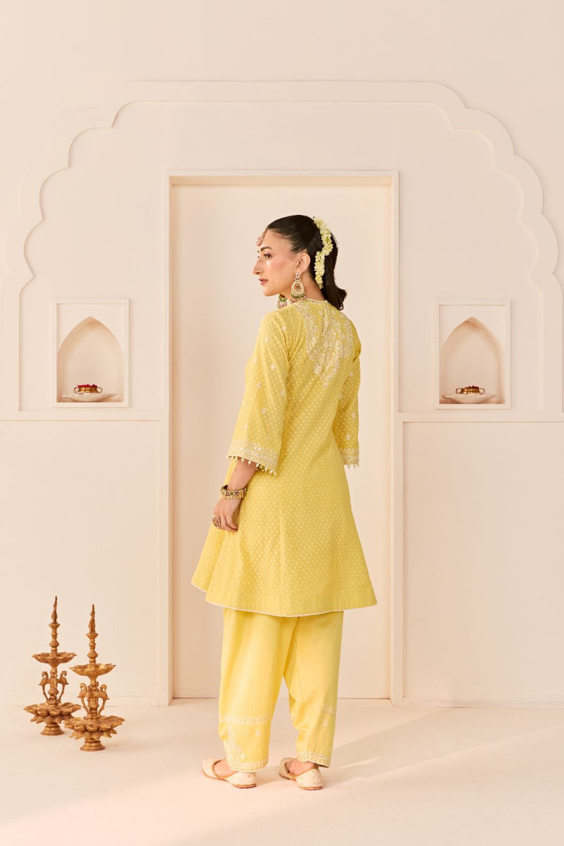 NIDA - LEMON YELLOW SHORT CHOGA WITH FARSHI SALWAR chanderi silk kurta/kurta set by SHEETAL BATRA in lemon yellow with mint green for women in Singapore