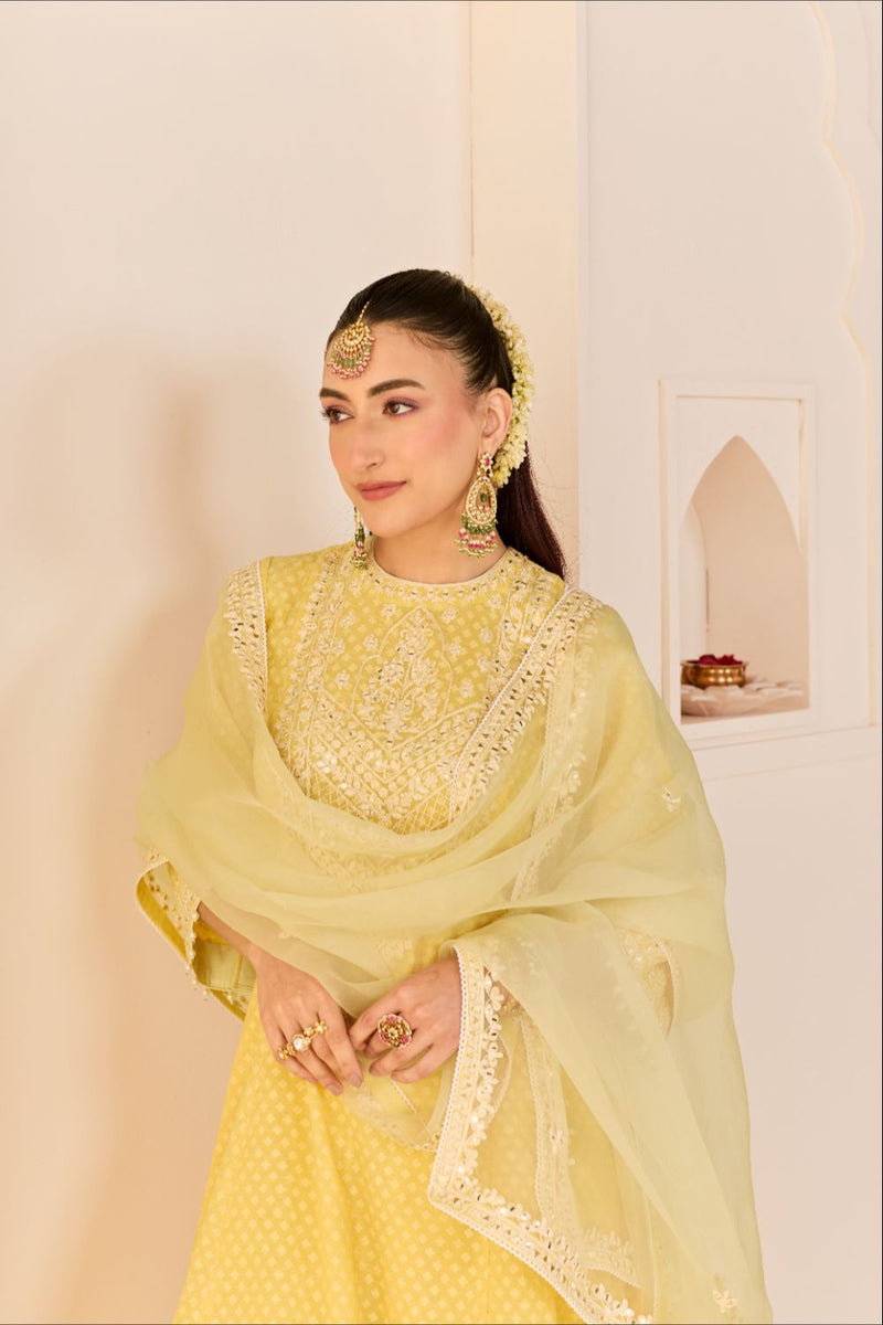 NIDA - LEMON YELLOW SHORT CHOGA WITH FARSHI SALWAR chanderi silk kurta/kurta set by SHEETAL BATRA in lemon yellow with mint green for women in Singapore
