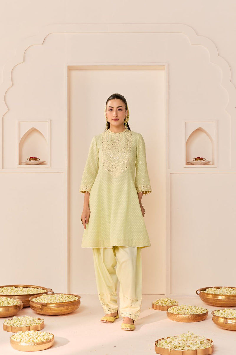 NIDA - MINT GREEN SHORT CHOGA WITH FARSHI SALWAR chanderi silk kurta/kurta set by SHEETAL BATRA in mint green with lemon yellow for women in Singapore