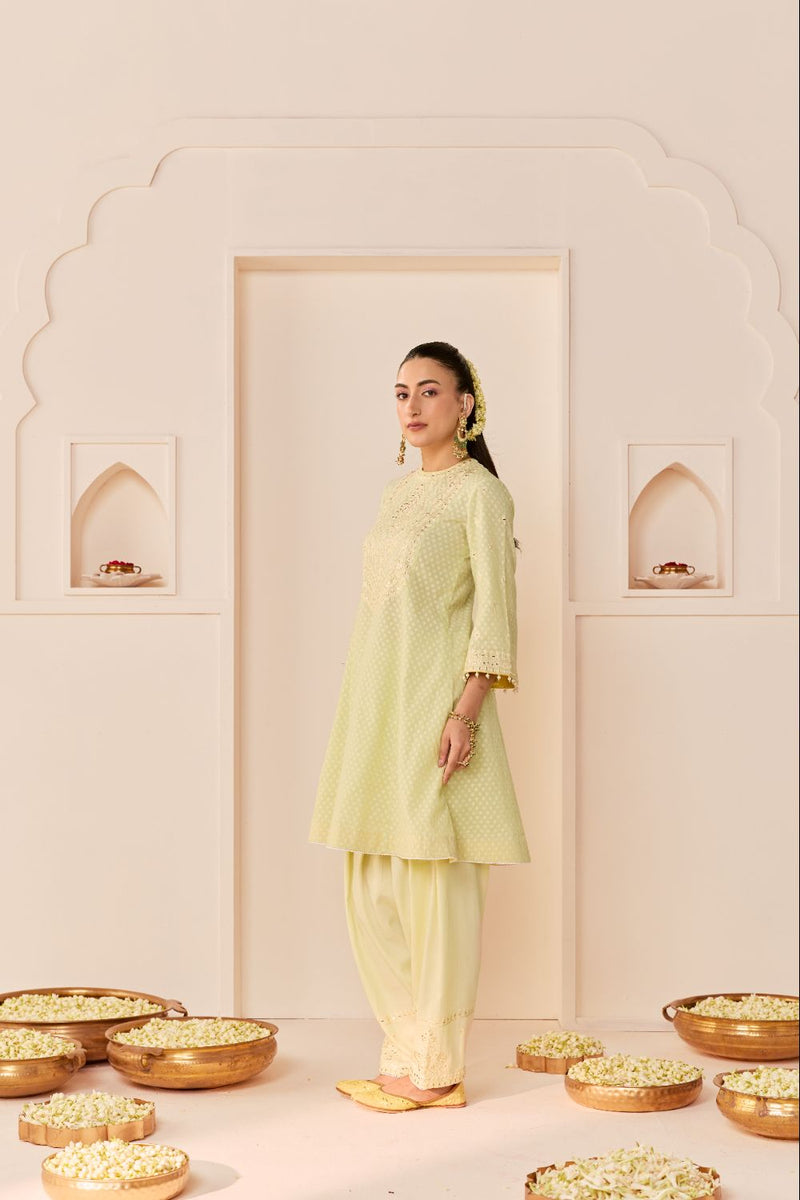 NIDA - MINT GREEN SHORT CHOGA WITH FARSHI SALWAR chanderi silk kurta/kurta set by SHEETAL BATRA in mint green with lemon yellow for women in Singapore