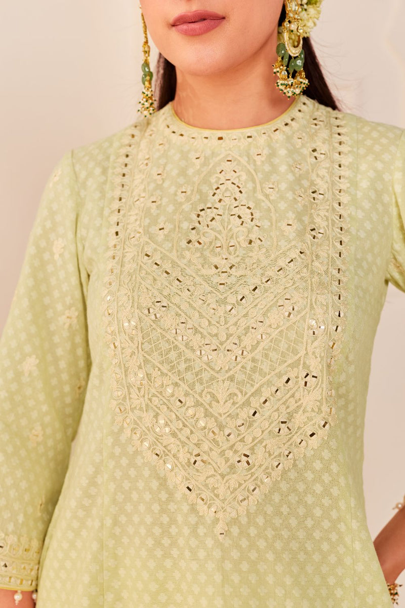 NIDA - MINT GREEN SHORT CHOGA WITH FARSHI SALWAR chanderi silk kurta/kurta set by SHEETAL BATRA in mint green with lemon yellow for women in Singapore