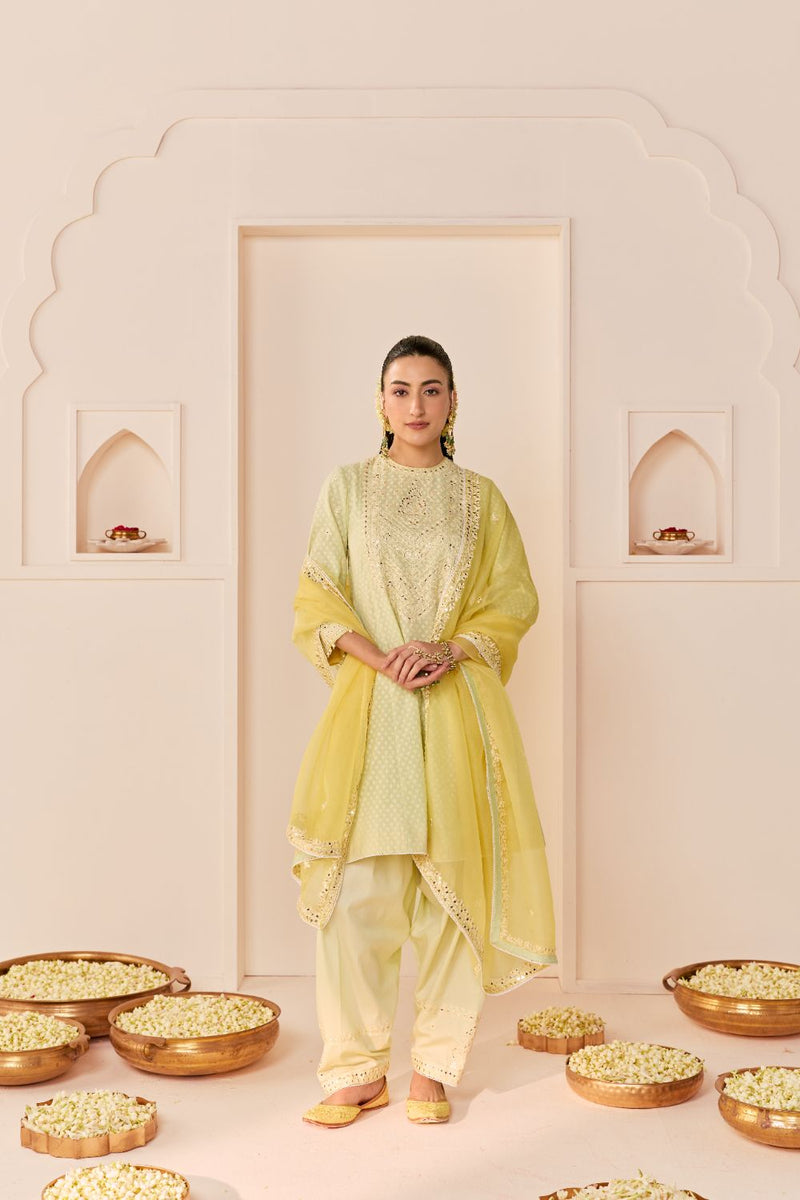 NIDA - MINT GREEN SHORT CHOGA WITH FARSHI SALWAR chanderi silk kurta/kurta set by SHEETAL BATRA in mint green with lemon yellow for women in Singapore