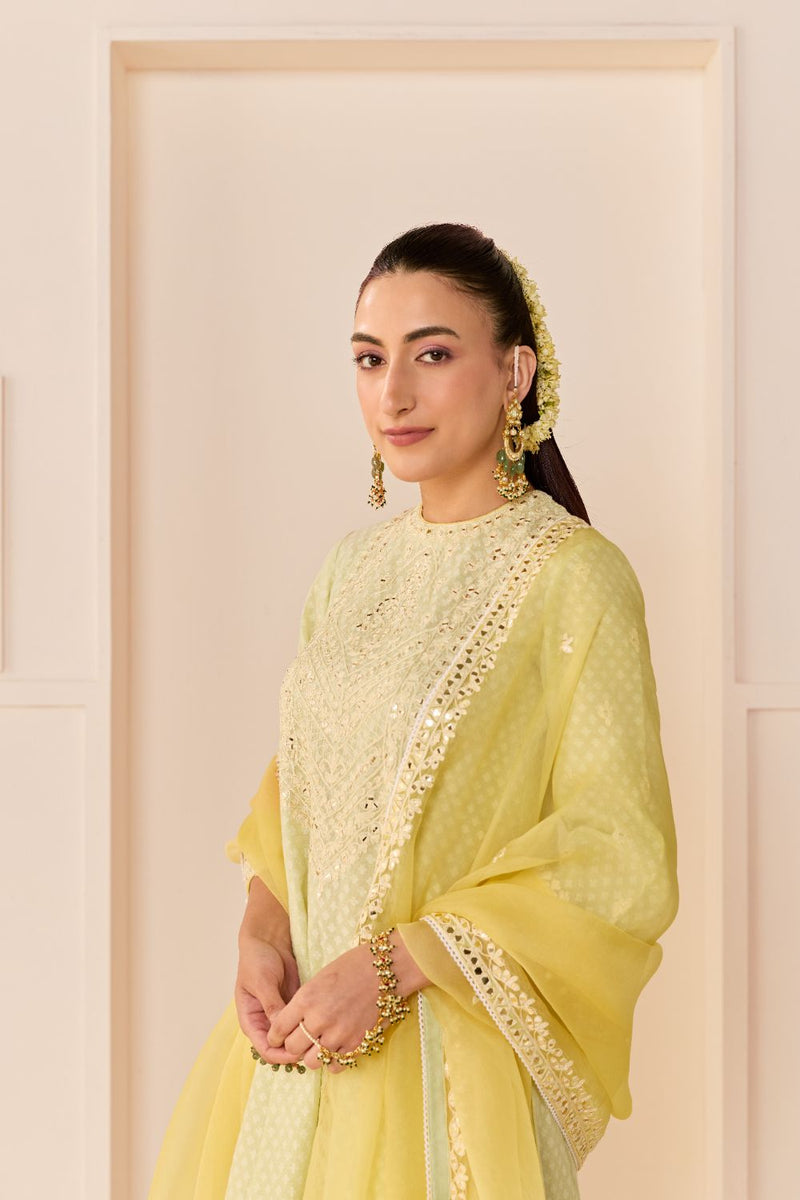 NIDA - MINT GREEN SHORT CHOGA WITH FARSHI SALWAR chanderi silk kurta/kurta set by SHEETAL BATRA in mint green with lemon yellow for women in Singapore