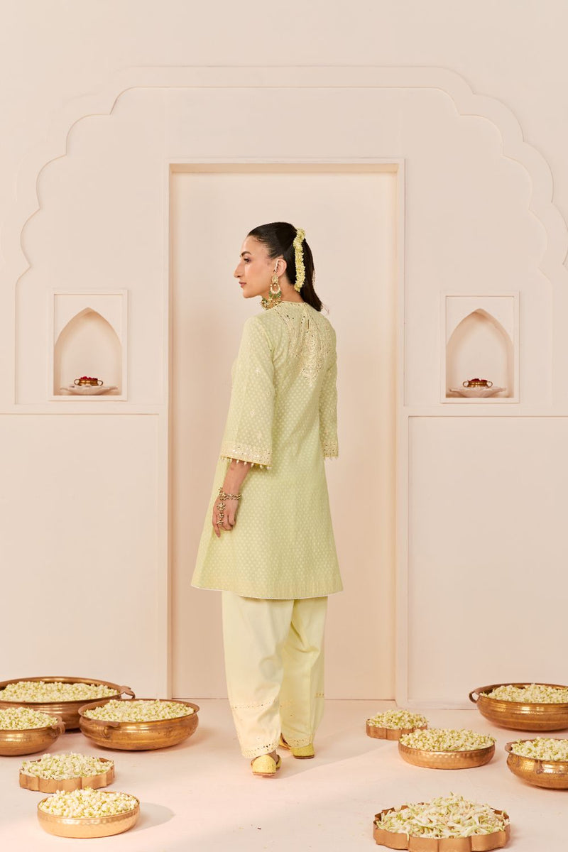 NIDA - MINT GREEN SHORT CHOGA WITH FARSHI SALWAR chanderi silk kurta/kurta set by SHEETAL BATRA in mint green with lemon yellow for women in Singapore