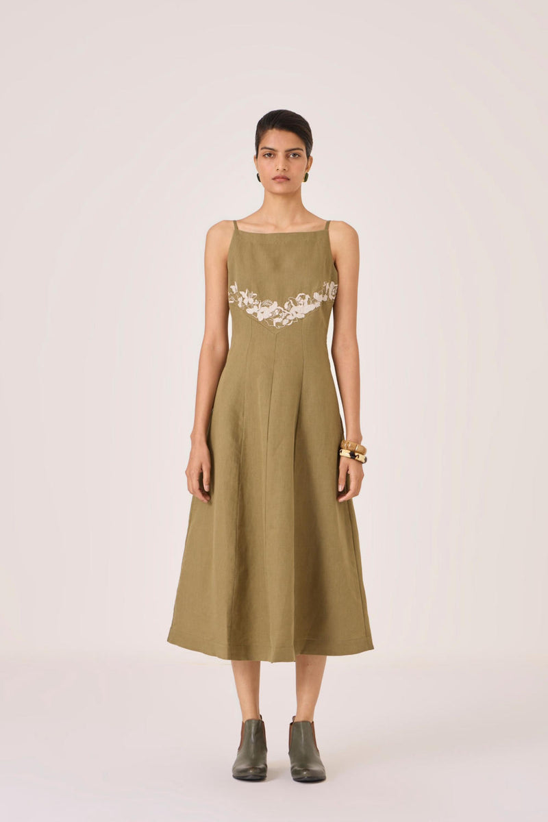 Nimal Olive Embroidered Dress cotton by The Summer House in olive color for women in Singapore