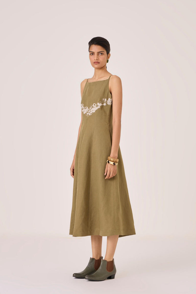 Nimal Olive Embroidered Dress cotton by The Summer House in olive color for women in Singapore