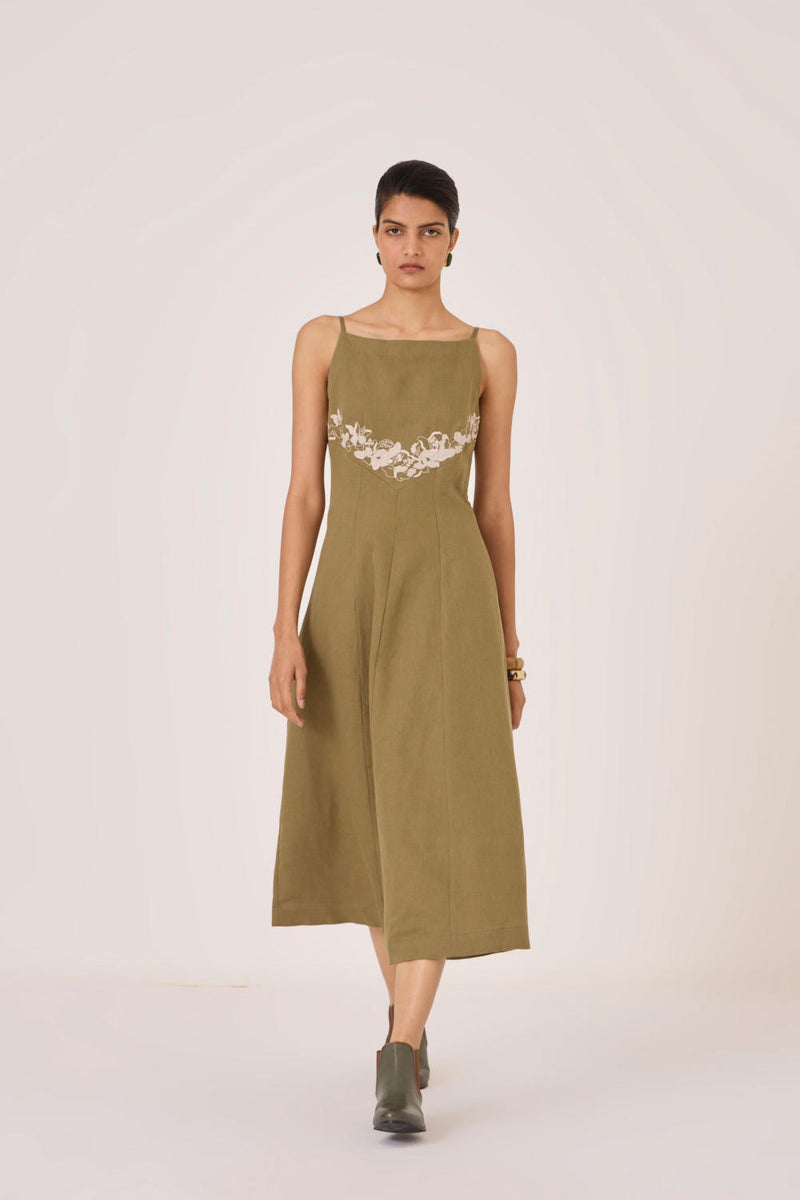 Nimal Olive Embroidered Dress cotton by The Summer House in olive color for women in Singapore