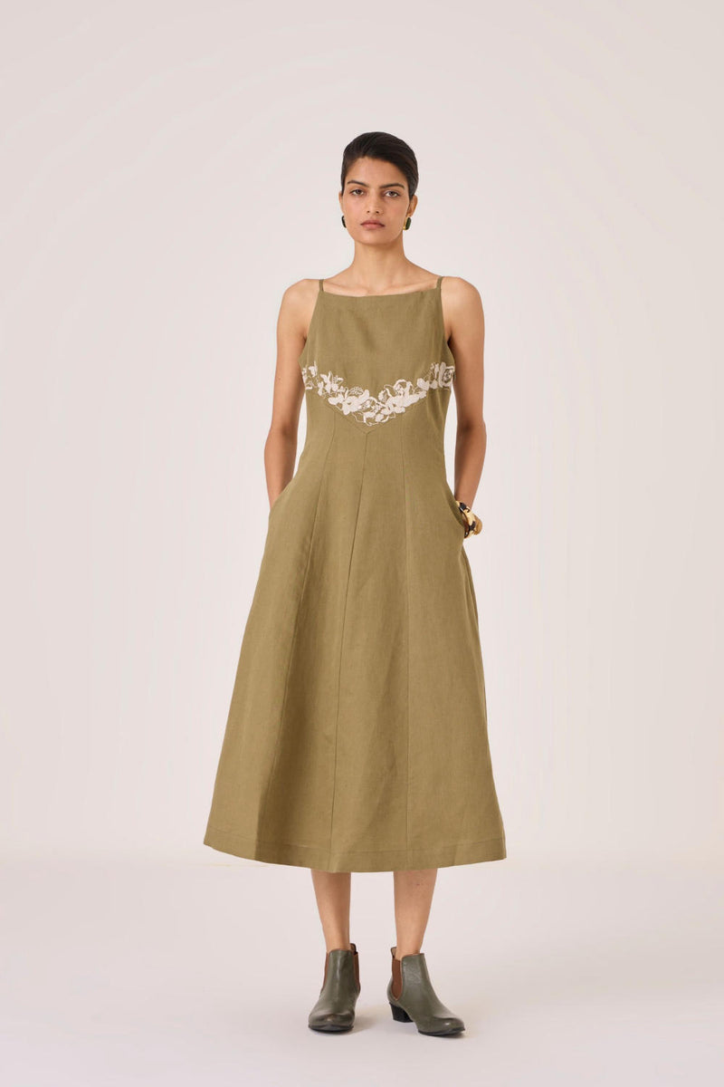 Nimal Olive Embroidered Dress cotton by The Summer House in olive color for women in Singapore
