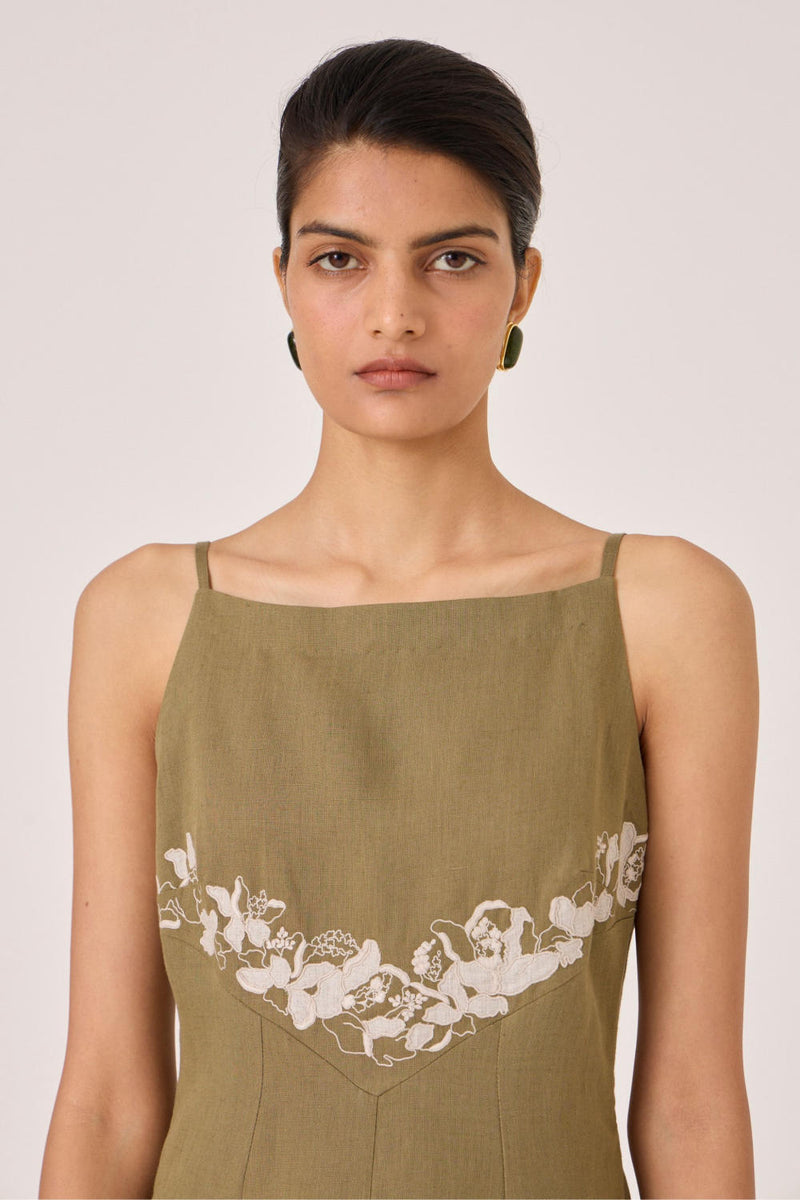 Nimal Olive Embroidered Dress cotton by The Summer House in olive color for women in Singapore