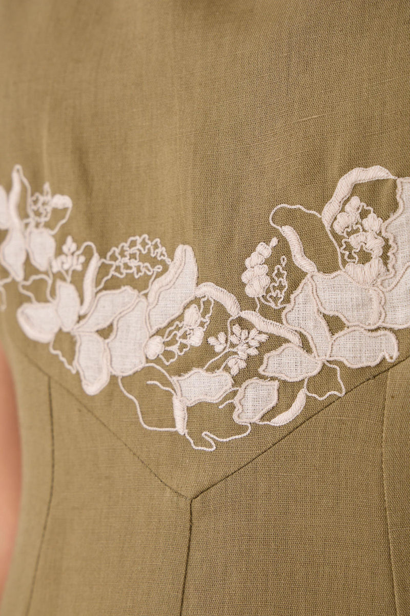 Nimal Olive Embroidered Dress cotton by The Summer House in olive color for women in Singapore
