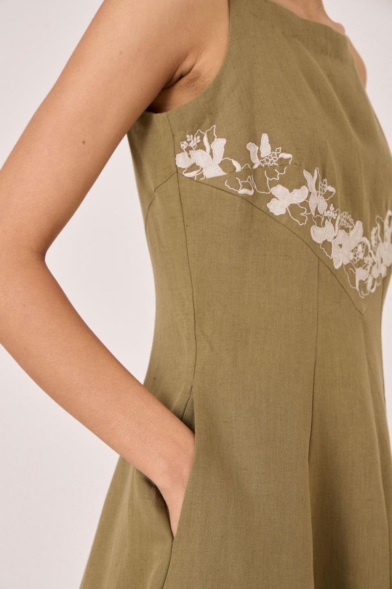 Nimal Olive Embroidered Dress cotton by The Summer House in olive color for women in Singapore