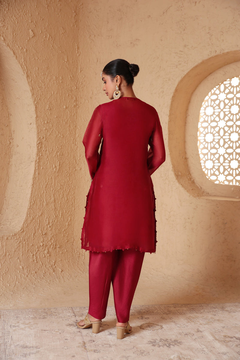 Zar-Rang Maroon Short Kurta Set organza, silk tencel kurta/kurta set by Niti Bothra in maroon for women in Singapore