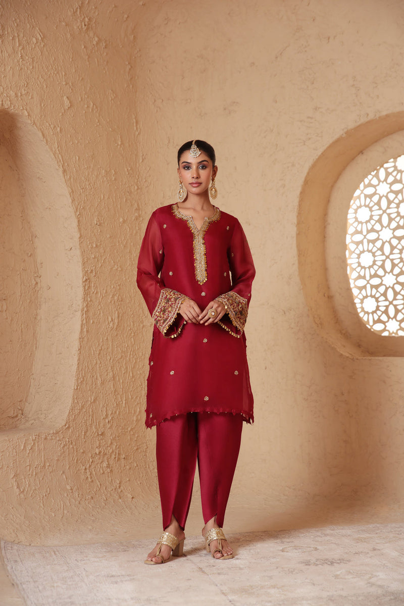 Zar-Rang Maroon Short Kurta Set organza, silk tencel kurta/kurta set by Niti Bothra in maroon for women in Singapore