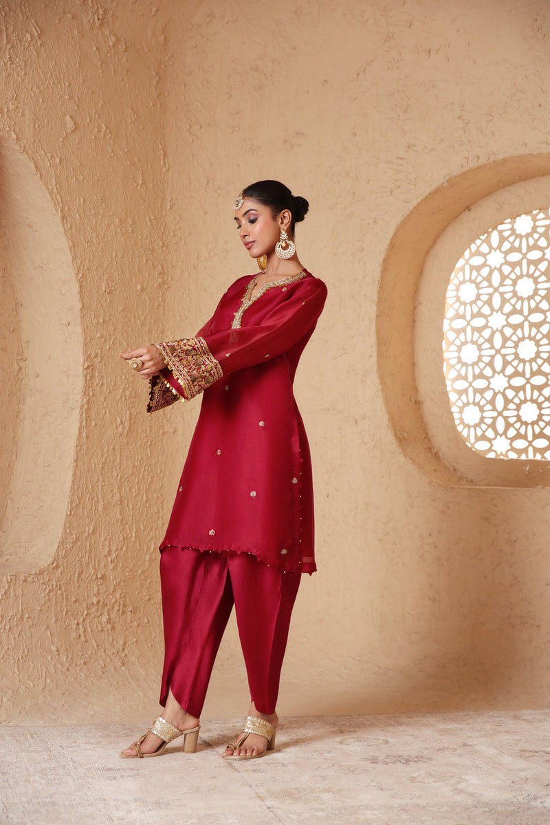 Zar-Rang Maroon Short Kurta Set organza, silk tencel kurta/kurta set by Niti Bothra in maroon for women in Singapore