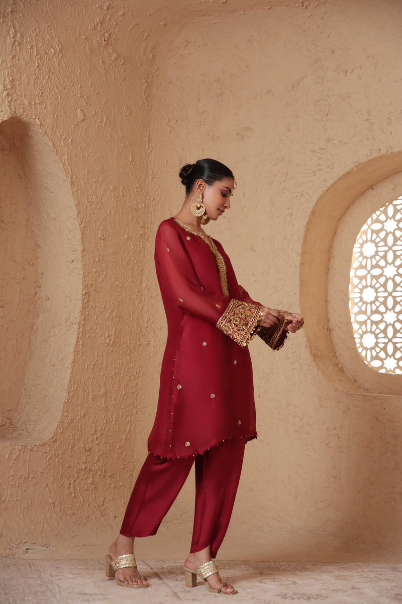 Zar-Rang Maroon Short Kurta Set organza, silk tencel kurta/kurta set by Niti Bothra in maroon for women in Singapore