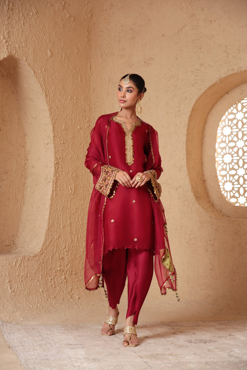 Zar-Rang Maroon Short Kurta Set organza, silk tencel kurta/kurta set by Niti Bothra in maroon for women in Singapore