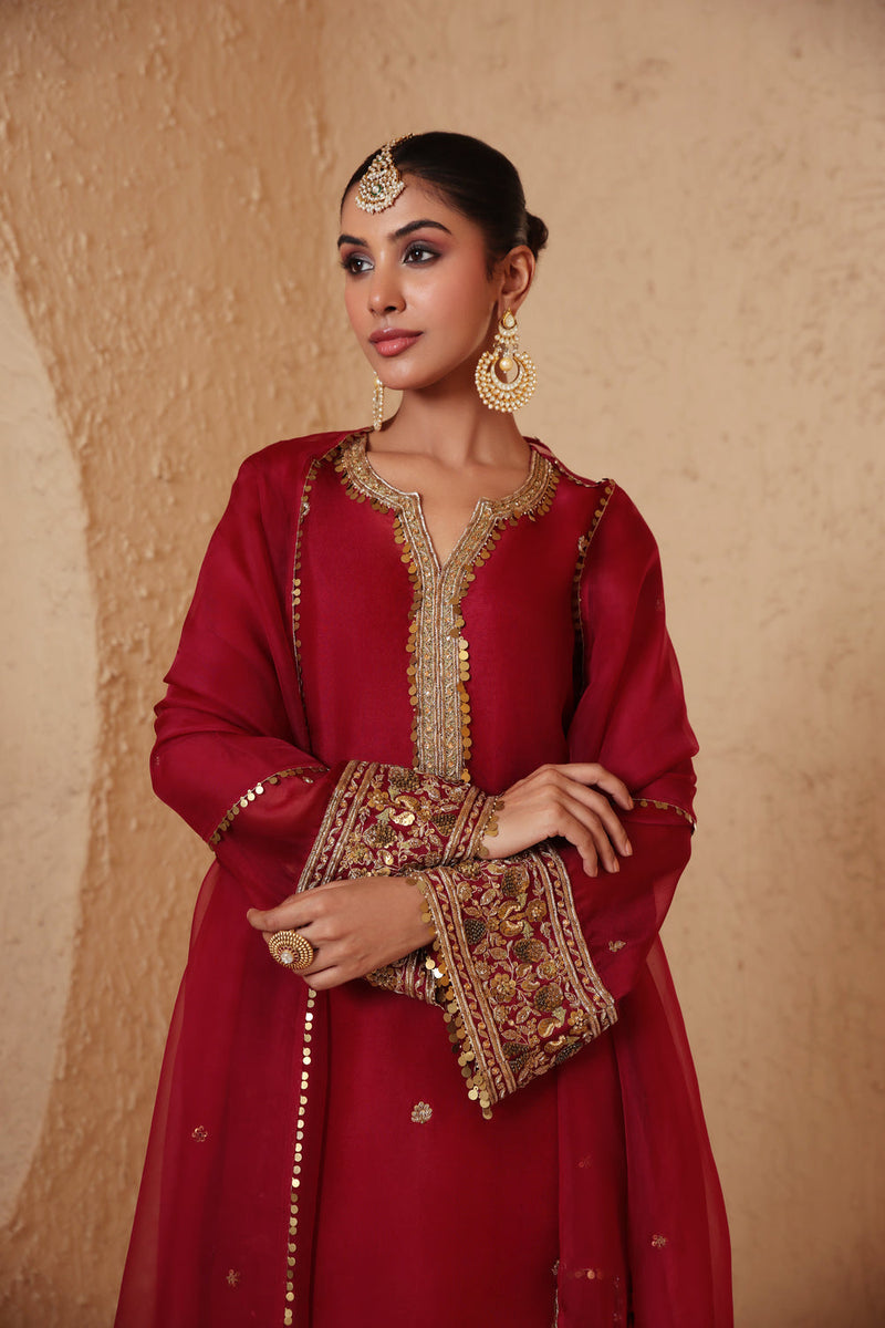 Zar-Rang Maroon Short Kurta Set organza, silk tencel kurta/kurta set by Niti Bothra in maroon for women in Singapore