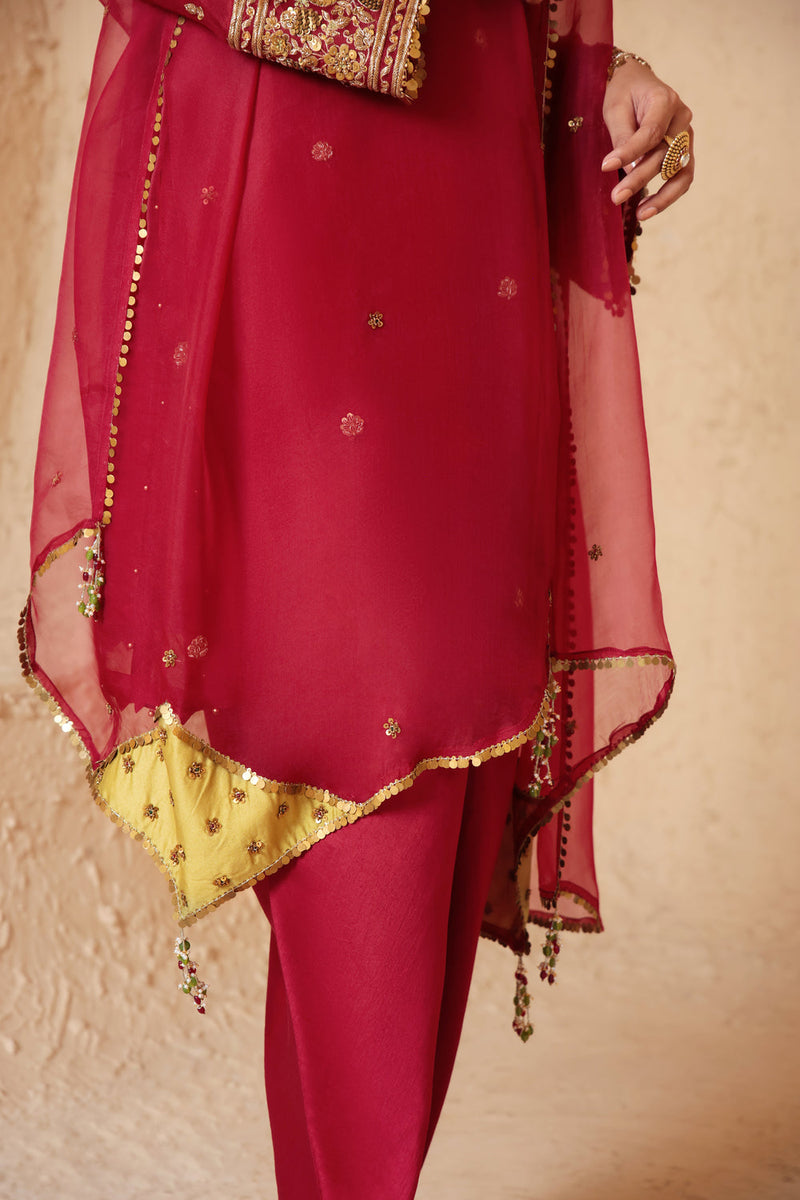 Zar-Rang Maroon Short Kurta Set organza, silk tencel kurta/kurta set by Niti Bothra in maroon for women in Singapore