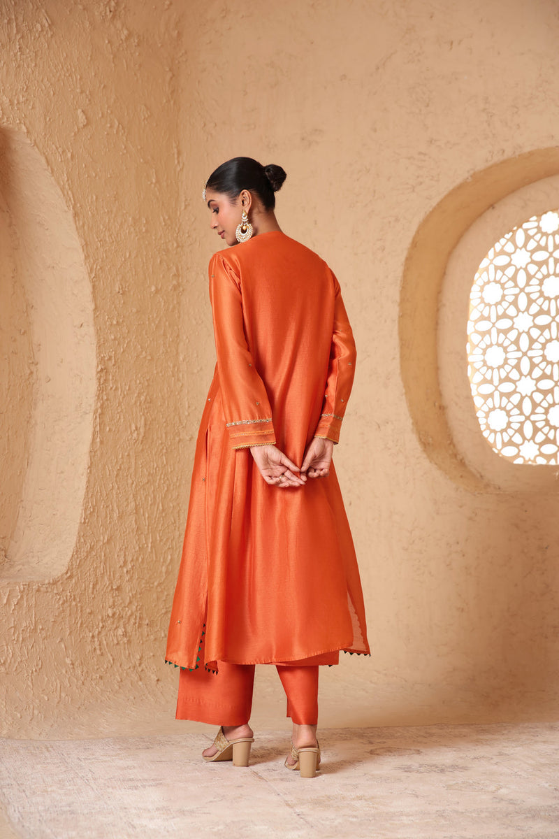 Mehrang Orange Frockstyle Kurta Set silk chanderi , silk tencel kurta/kurta set by Niti Bothra in orange for women in Singapore